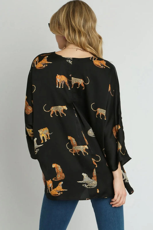 Umgee Full Size High-Low Satin Animal Print V-Neck Blouse Plus Size