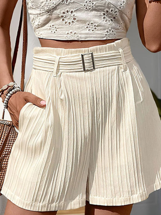 Perfee Textured High Waist Shorts with Pockets Beige