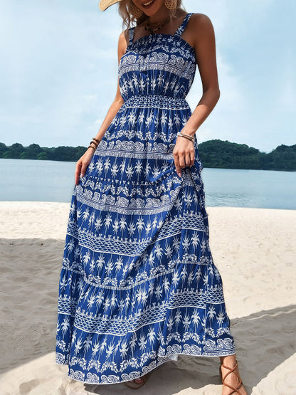 Perfee Printed Square Neck Sleeveless Maxi Dress Blue