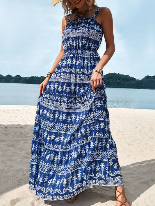 Perfee Printed Square Neck Sleeveless Maxi Dress Blue
