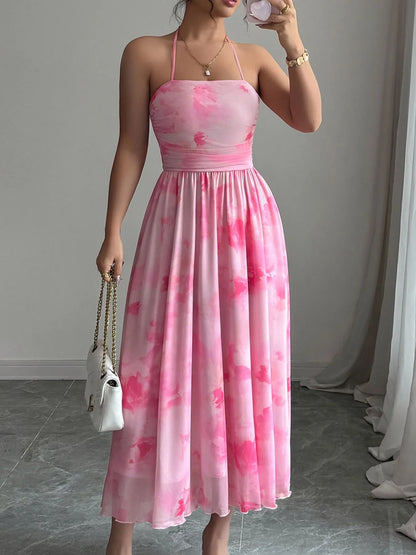 Tie-Dye Halter Sleeveless Midi Dress Pink