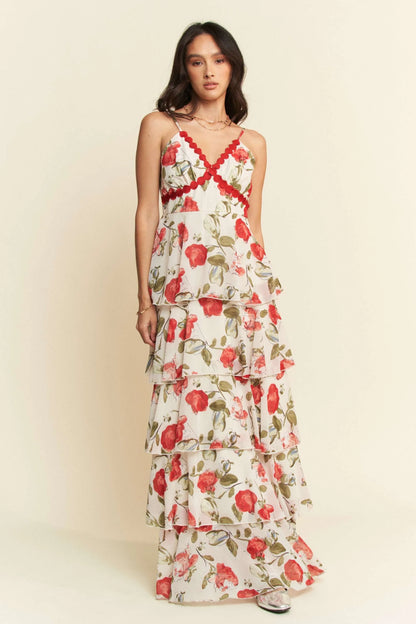 Davi & Dani Contrast Ring Lace Layered Ruffle Maxi Cami Dress IVORY RED