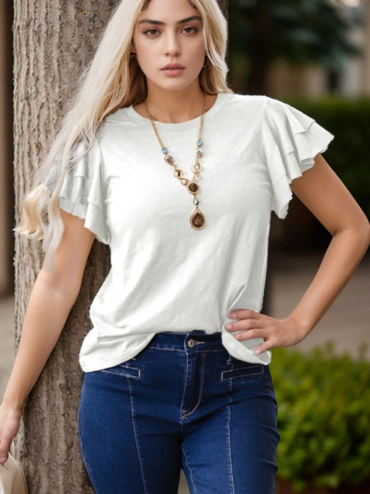 Ruffle Sleeve Round Neck Top White