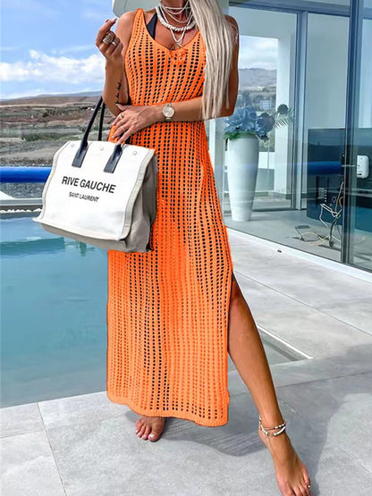 Openwork Slit Cutout Wide Strap Dress Orange