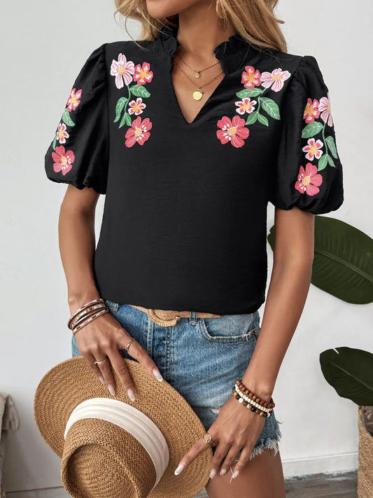 Floral Puff Sleeve Notched Blouse Black