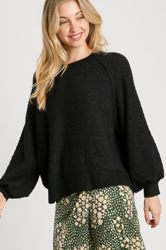 Umgee Full Size Round Neck Long Sleeve Sweater Plus Size Black