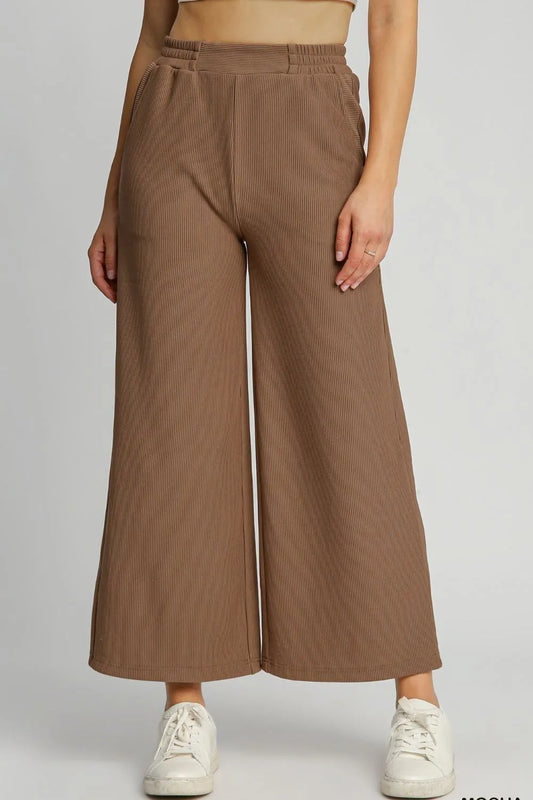 Umgee Full Size Ribbed Knit Elastic Waistband Wide Leg Pants Plus Size Taupe