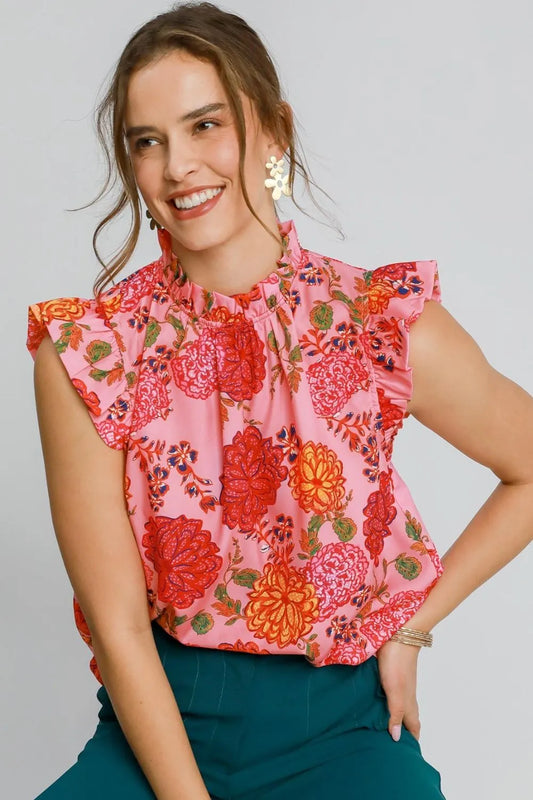 Umgee Full Size Floral Print Ruffled Cap Sleeve Blouse Plus Size PINK MIX