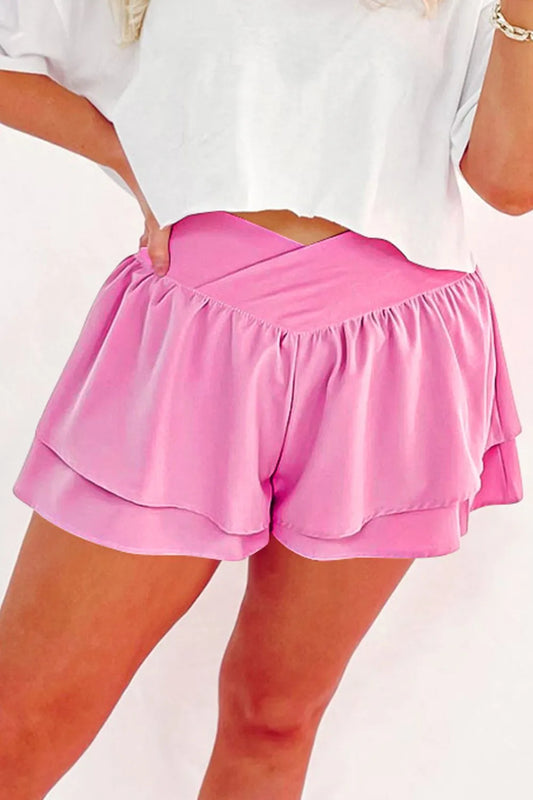 Ruffled Layered Asymmetrical Waist Shorts Pink