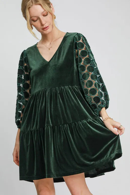 Umgee Dotted Lace Sleeve Tiered Velvet Mini Dress Dark Green
