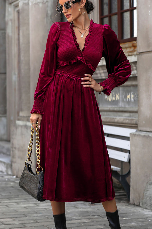 Perfee Smocked Lantern Sleeve Midi Dress Hot Pink
