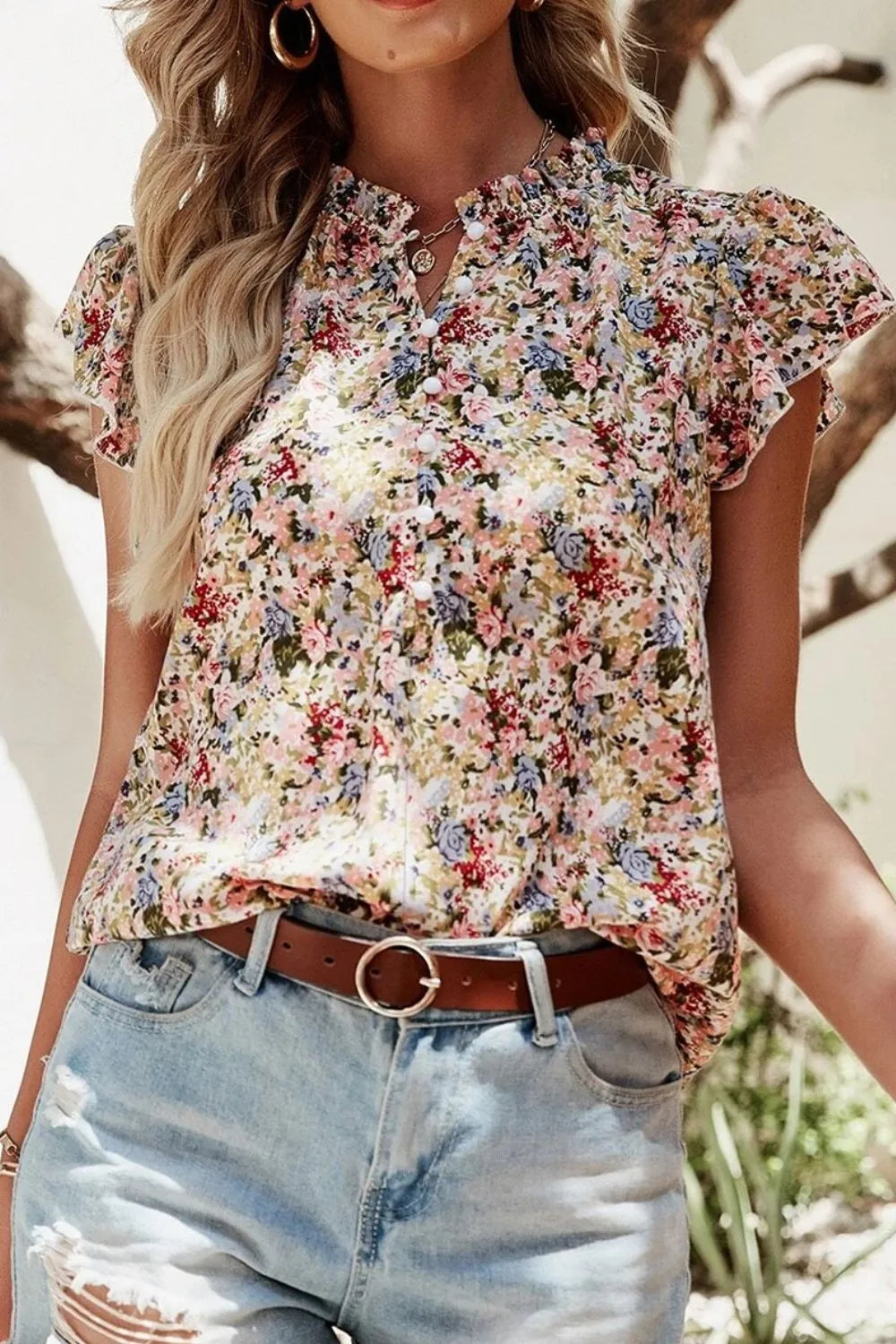 Floral Print Ruffle Cap Sleeve Blouse Floral
