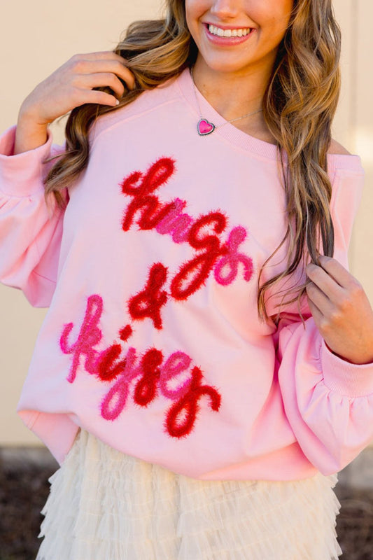 Valentine’s Day HUG AND KISSES Round Neck Sweatshirt Blush Pink