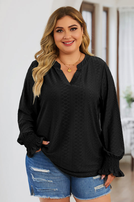 Plus Size Eyelet Notched Flounce Sleeve Blouse Black