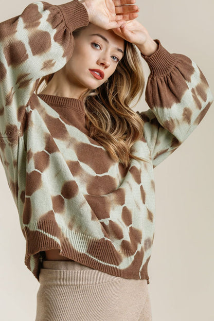 Umgee Full Size Ribbed Hem Tie Dye Round Neck Sweater Plus Size