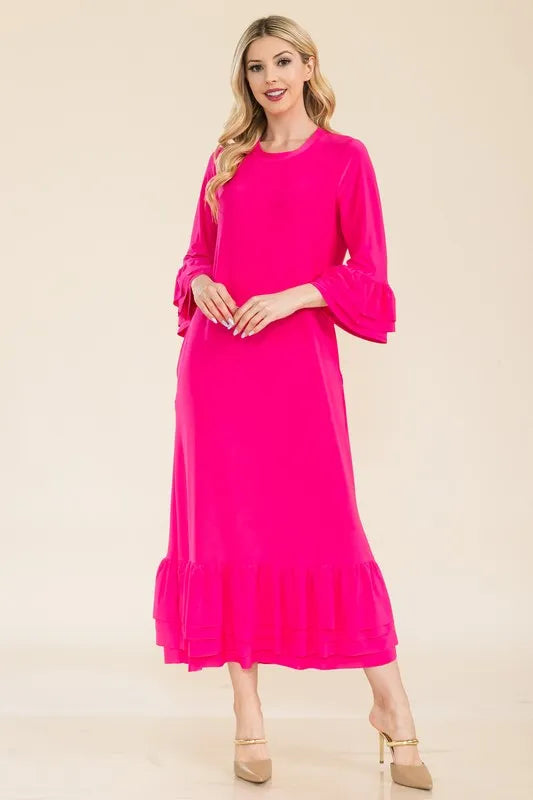 Celeste Full Size Modest Midi Dress with 3/4 Ruffle Bell Sleeves Plus Size FUCHSIA