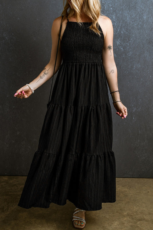 Smocked Tiered Spaghetti Strap Dress Black