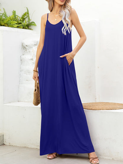 Spaghetti Strap V-Neck Maxi Dress with Pockets Navy