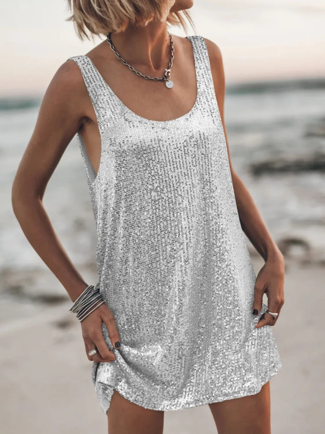 Sequin Scoop Neck Mini Dress
