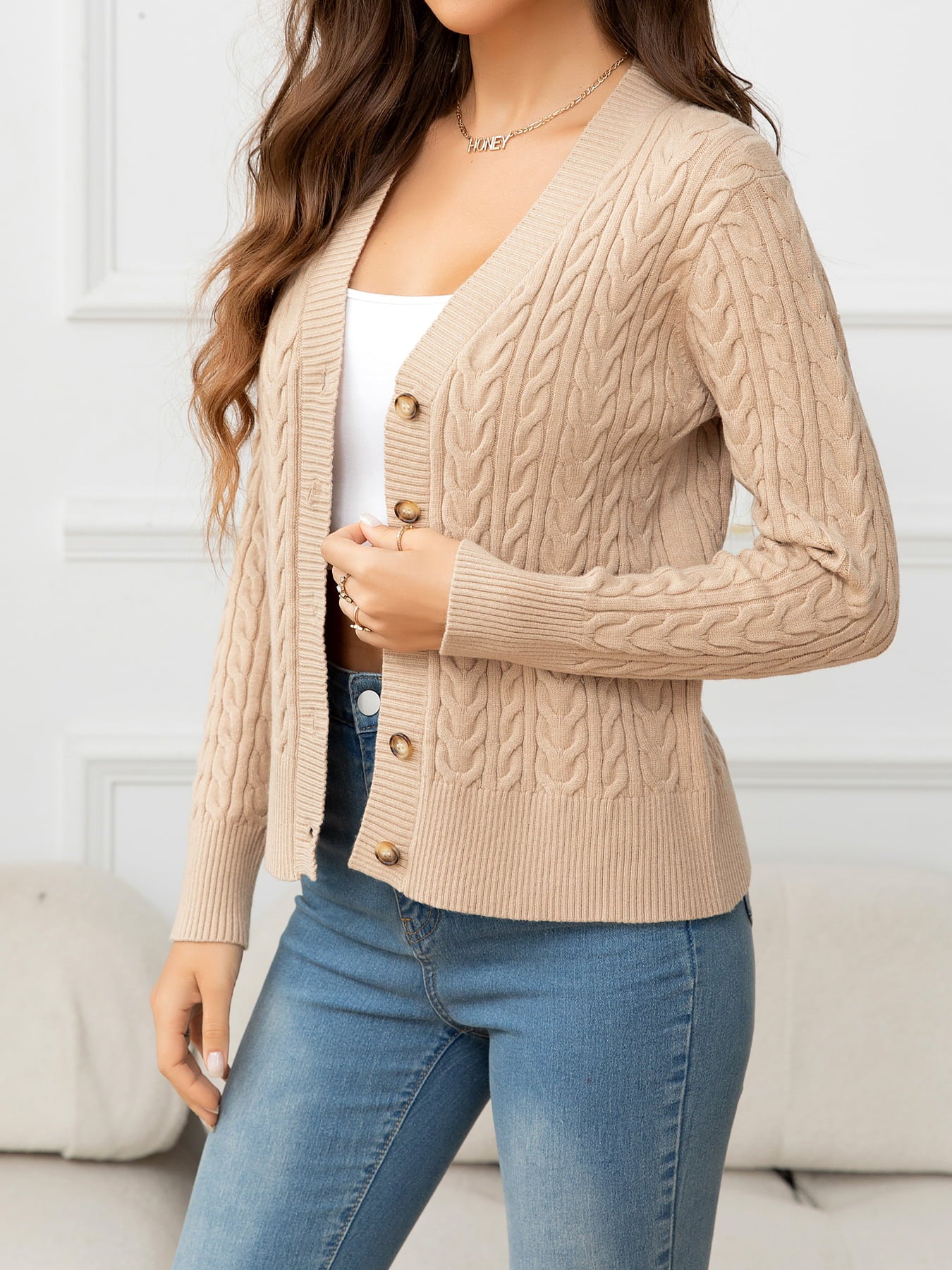 V-Neck Long Sleeve Cable-Knit Buttoned Knit Top Sand