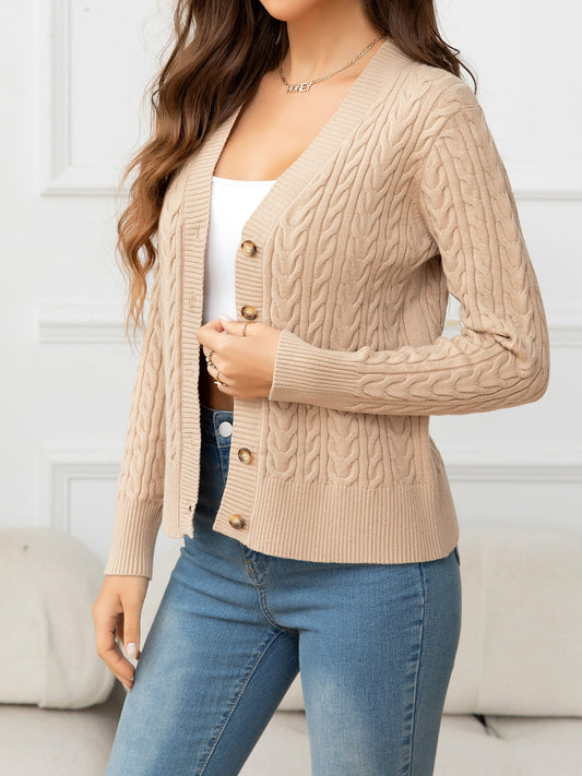 V-Neck Long Sleeve Cable-Knit Buttoned Knit Top Sand