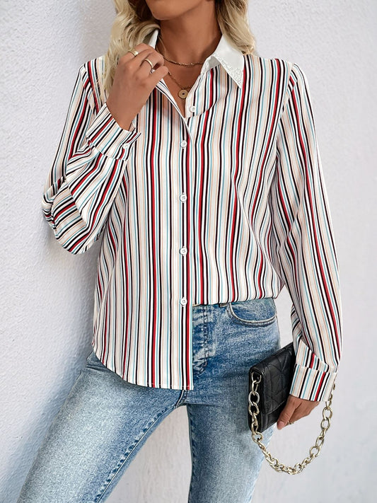 Perfee Contrast Striped Collared Neck Long Sleeve Shirt Multicolor