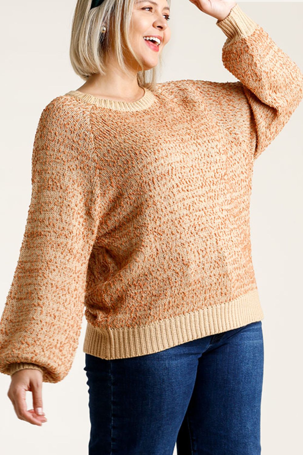 Umgee Full Size Ribbed Hem Round Neck Long Sleeve Popcorn Sweater Plus Size