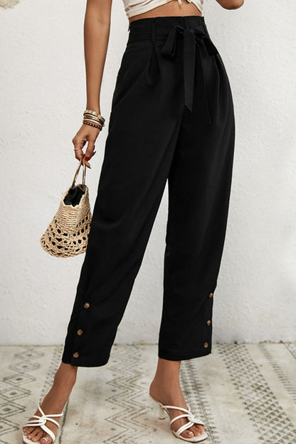 Perfee Buttoned Tie-Waist Cropped Pants Black