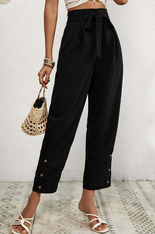 Perfee Buttoned Tie-Waist Cropped Pants Black