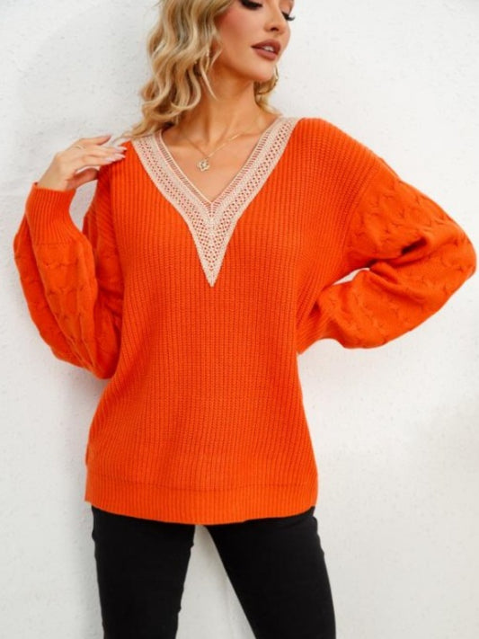 V-Neck Dropped Shoulder Long Sleeve Sweater Orange