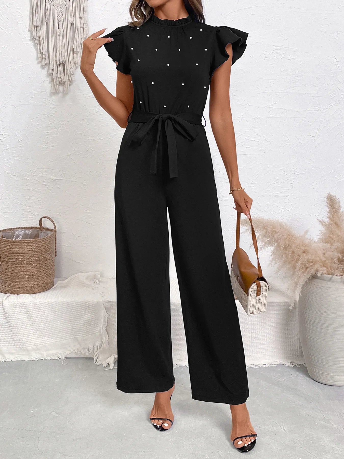 Pearl Detail Ruffled Cap Sleeve Jumpsuit Black