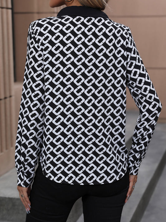 Perfee Printed Collared Neck Long Sleeve Shirt