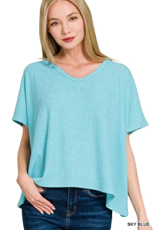 Zenana Ribbed V-Neck Short-Sleeve Knit Top SKY BLUE