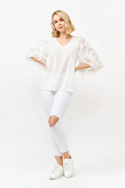And The Why Feather Detailed 3/4 Sleeve Slub Top