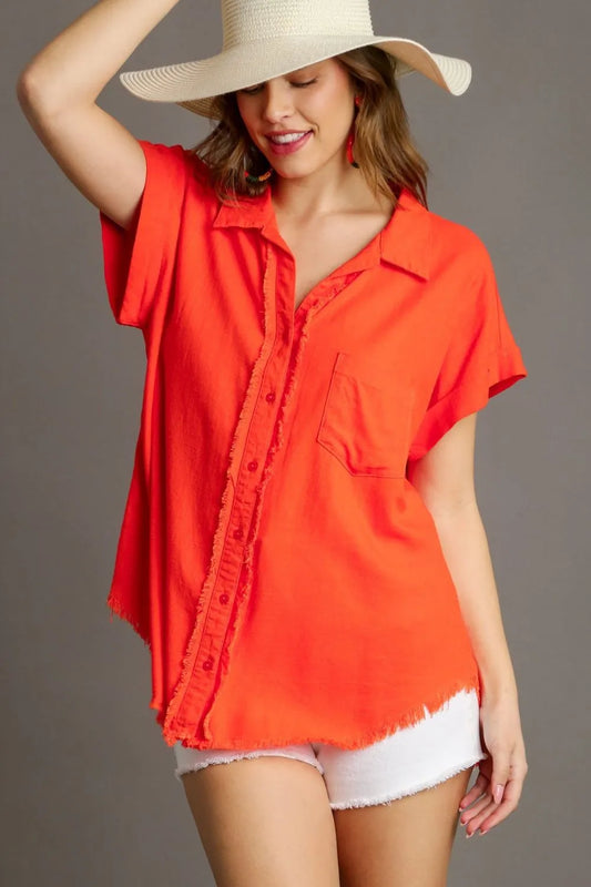 Umgee Full Size Linen Blend Button Down Short Folded Sleeve Shirt Plus Size Orange