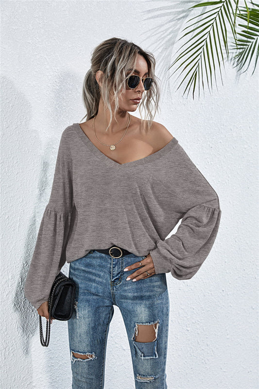 V-Neck Long Sleeve Dropped Shoulder Knit Top Dark Gray