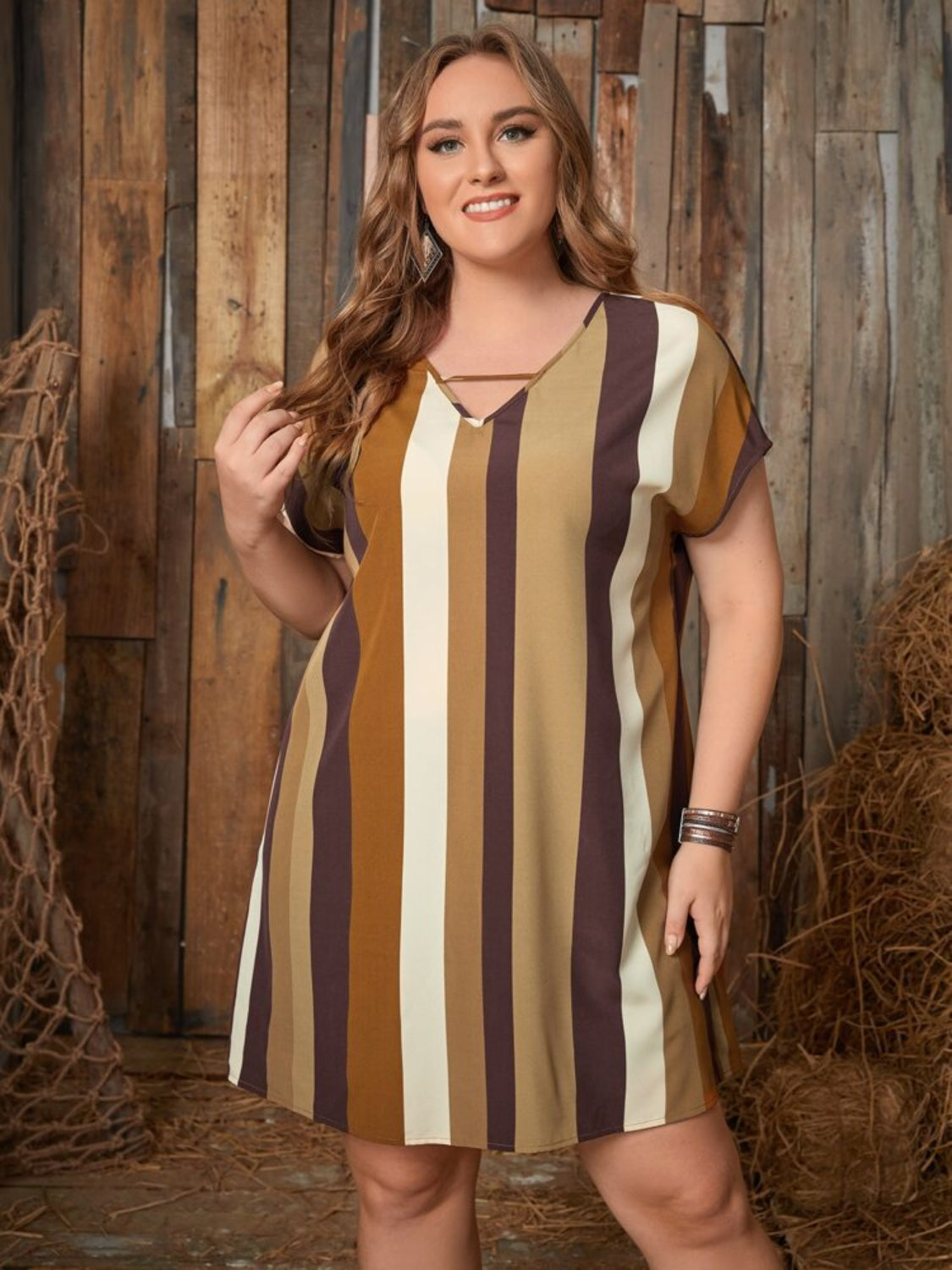 Plus Size Striped Short Sleeve Mini Dress Khaki