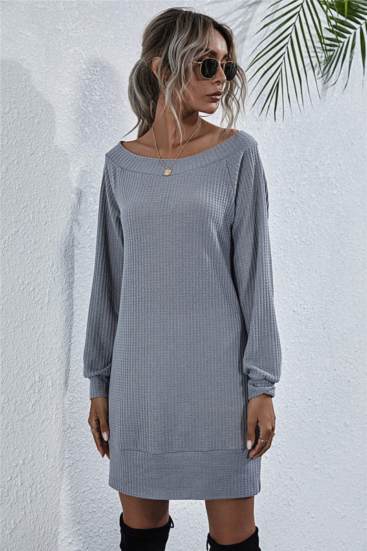 Waffle-Knit Boat Neck Mini Dress Light Gray