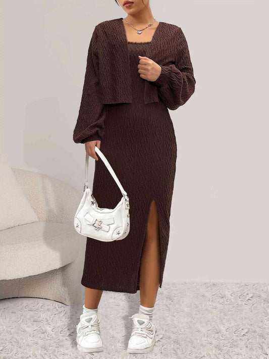 Open Front Long Sleeve Cardigan and Side Slit Cami Dress Set Brown