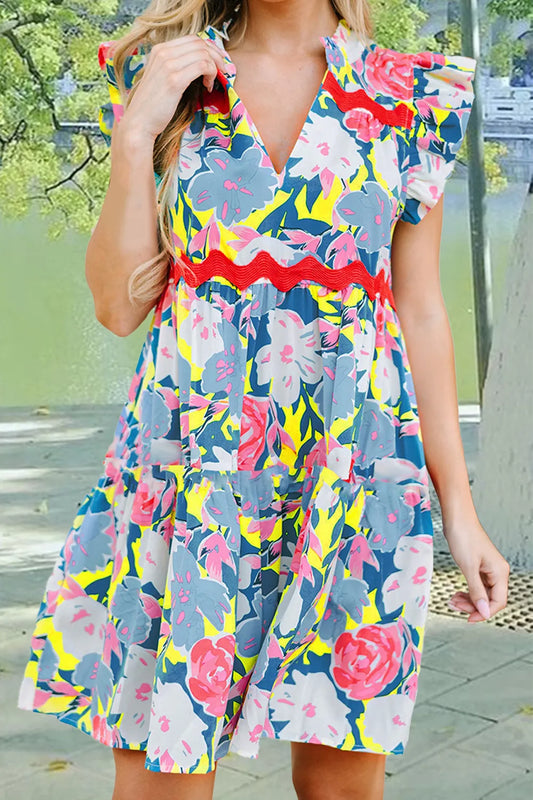 Ruffled Printed Cap Sleeve Mini Dress Light Blue