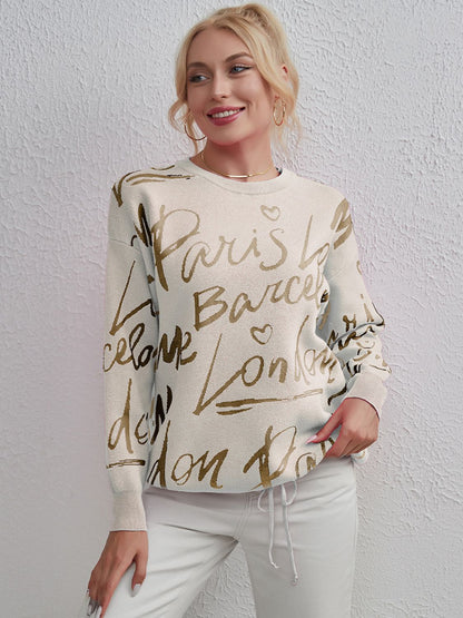 Drawstring Hem Letter Pattern Round Neck Dropped Shoulder Sweater Cream One Size