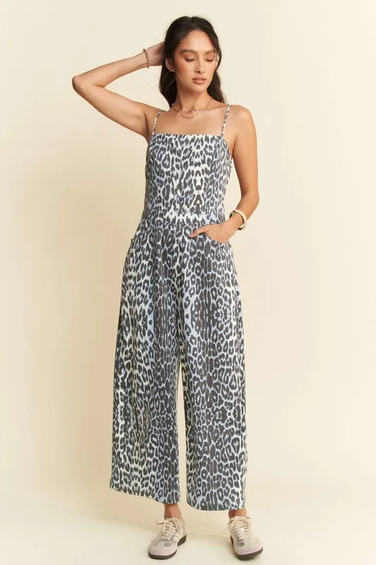 Davi & Dani Leopard Spaghetti Straps Wide Leg Jumpsuit