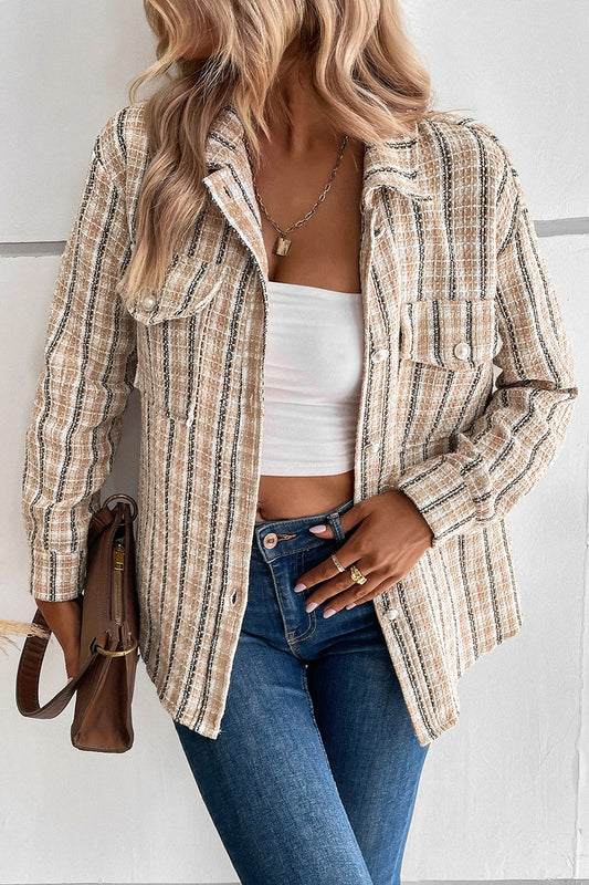 Perfee Pocketed Button Up Collared Neck Jacket Tan