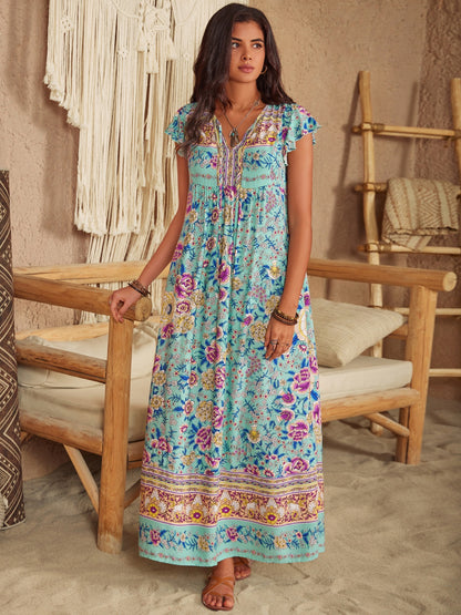 Ruffled Printed Tie Neck Cap Sleeve Dress Aqua