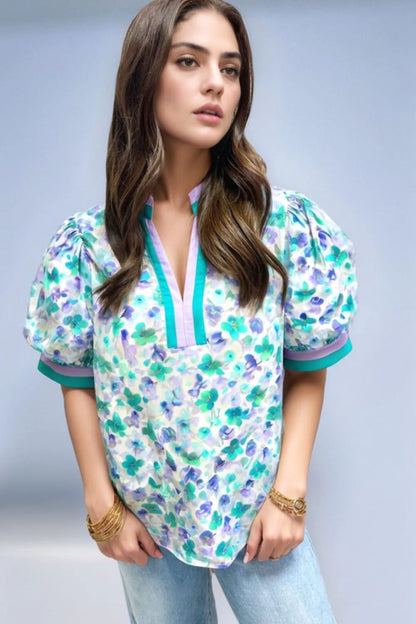 Floral Print Puff Sleeve Notched Blouse