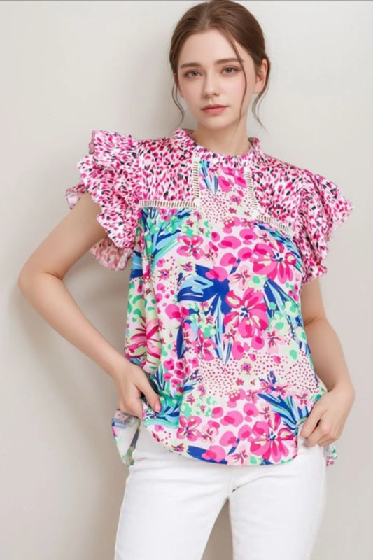 Floral Mixed Print Ruffle Cap Sleeve Blouse Pink