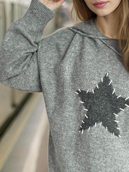 Drawstring Star Long Sleeve Hooded Sweater Gray One Size