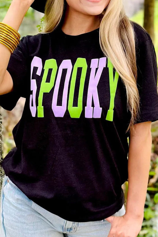 SPOOKY Round Neck Short Sleeve T-Shirt Black