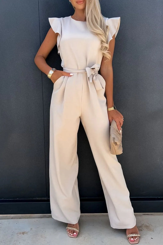 Round Neck Cap Sleeve Jumpsuit Tan