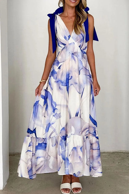 Printed V-Neck Tie Shoulder Midi Cami Dress